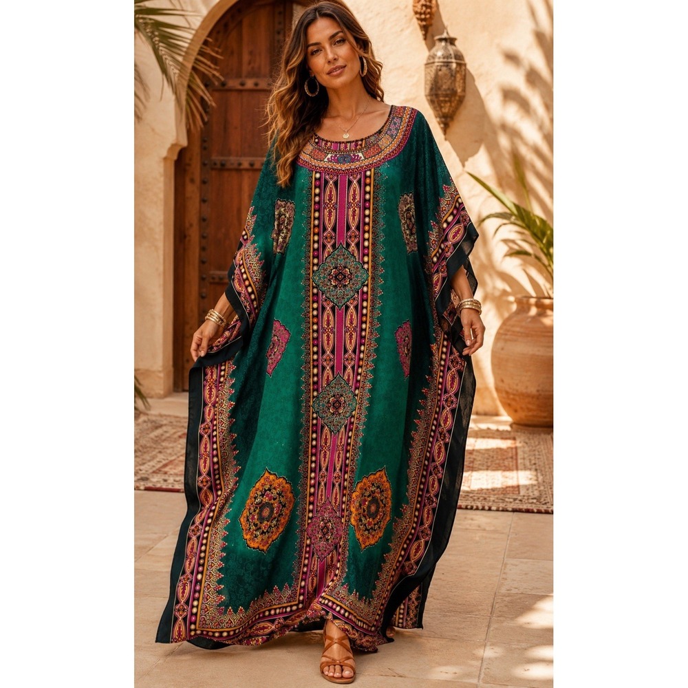 Sante Classics Boho Caftan MuuMuu Dress Coverup One Size Green Scarf Resort WW14